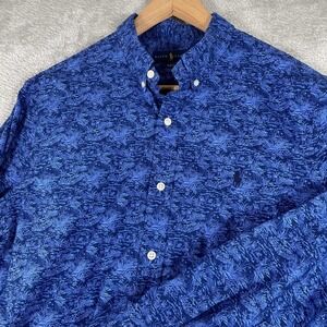 Ralph Lauren Button Down Shirt Mens Large Blue Tropical Print Floral Slim Fit